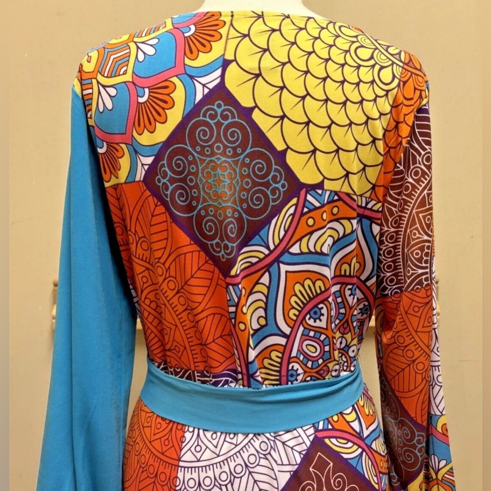 ASHRO Faux Wrap 2 Tone Boho Hippie Mod Print Midi Dress SZ L - Picture 8 of 10